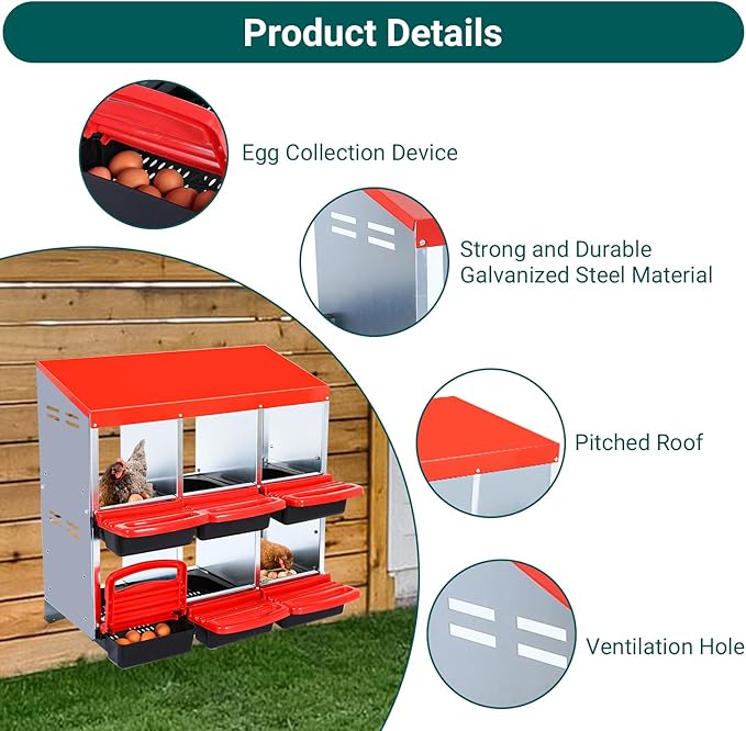 GarveeHome 2-Tier Chicken Nesting Box, 6 Compartment Metal Chicken Laying Boxes with Waterproof Roof ＆ Removable Trays for Hens, Poultry，Easy Egg Collection