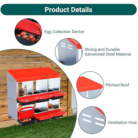 Garvee Chicken Nesting Boxes, 6 Hole Metal Chicken Laying Box with Removable Trays for Chicken Coop, Red