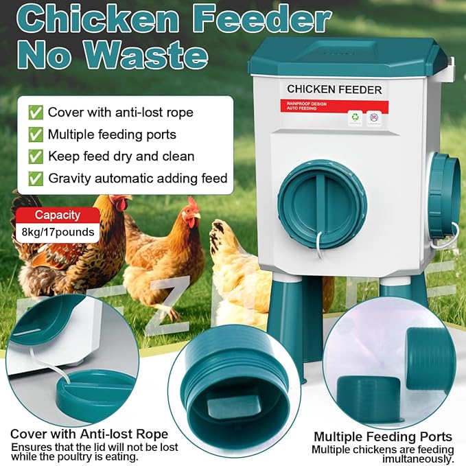 Chicken Feeder and Waterer Set, 1.9 Gallon/17.7 Pounds, Automatic Chicken Feeders and Chicken Waterer, Detachable for Chickens, Duck & Quail Coop Use, Outdoor Farm & Backyard (Lake Blue)