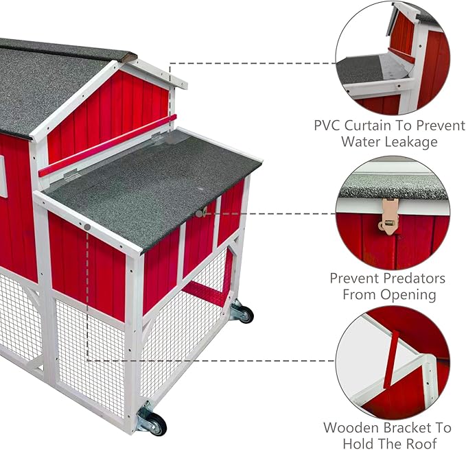 Chicken Coop Mobile Wooden Hen House with Nesting Box,191" L Outdoor Chicken House with Wheels and Removable Tray,Fir Wood Chicken Tractor with 6 Ventilation Door,Ramp,Red(2 Sets)