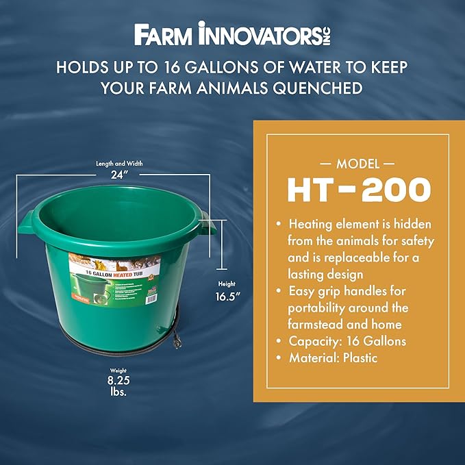Farm Innovators Heated Water Bucket, 200W Heating Power - 16 Gallon Plastic Bucket with Replaceable Heating Element for Livestock Watering & Feeding