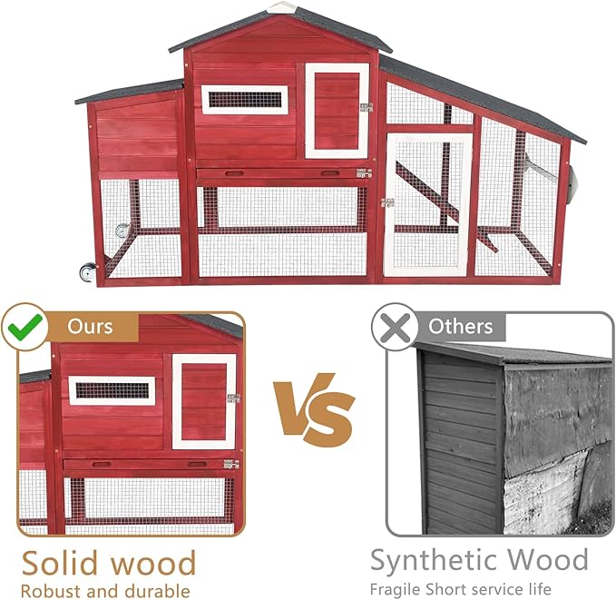 Chicken Coop Large Wooden Chicken Tractor - with Wheels Waterproof Outdoor Hen House Poultry Cage Back Yard Chicken Coops with Run, Laying Boxes, and Removable Tray, for Chickens, Ducks, Rabbits