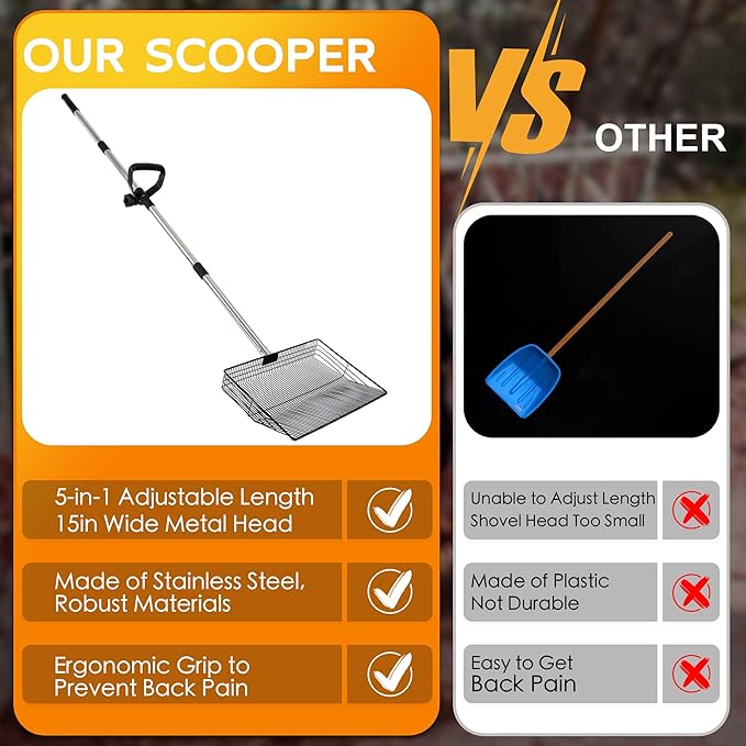 Large 15inch Chicken Poop Scooper, Chicken Coop Accessories 24-68" Long Litter Scoop with Ergonomic Grip, 5-in-1 Multifunctional Heavy Duty Litter Sifting Shovel for Coop, Goat Stall, Stable Cleaning