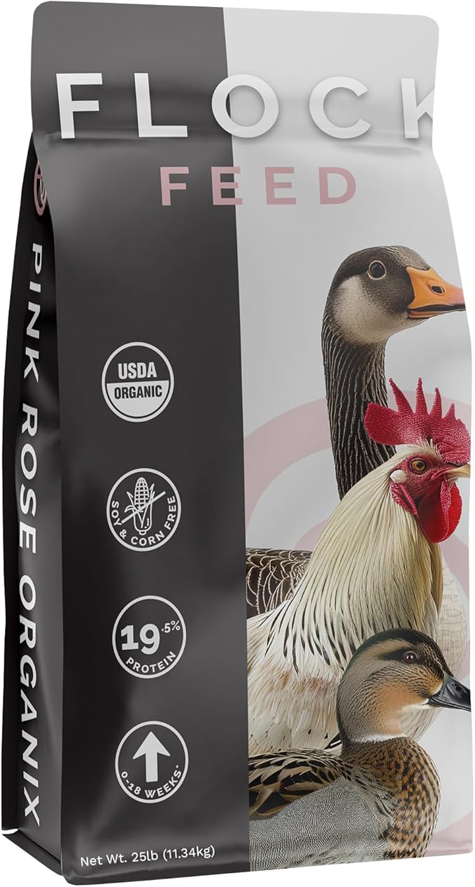 Flock Pellet Feed, 25lbs - 19.5% Protein, Non-GMO, USDA Certified Organic Blend - with Essential Nutrients for Healthy Growth - Soy & Corn-Free
