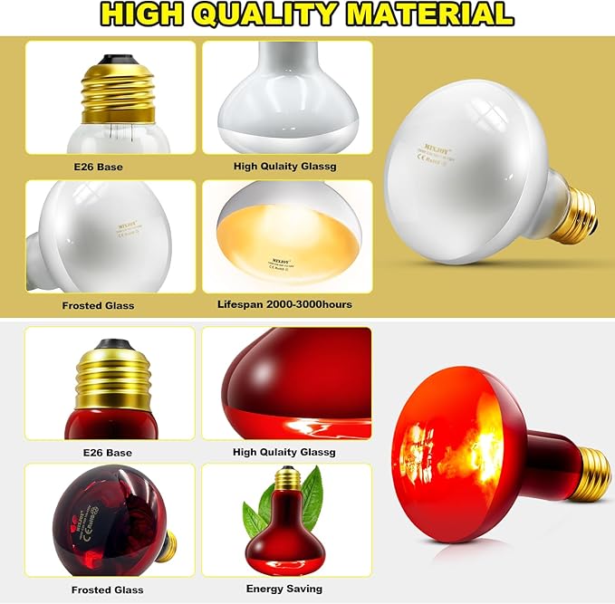 MIXJOY 100W Reptile Heat Lamp Bulb Combo, 2PCS Day & Night Reptile Heat Bulbs, UVA Daylight Intense Heat Basking Bulb Infrared Heat Light Bulb for Reptiles, Lizard, Tortoise, Bearded Dragon Chickens