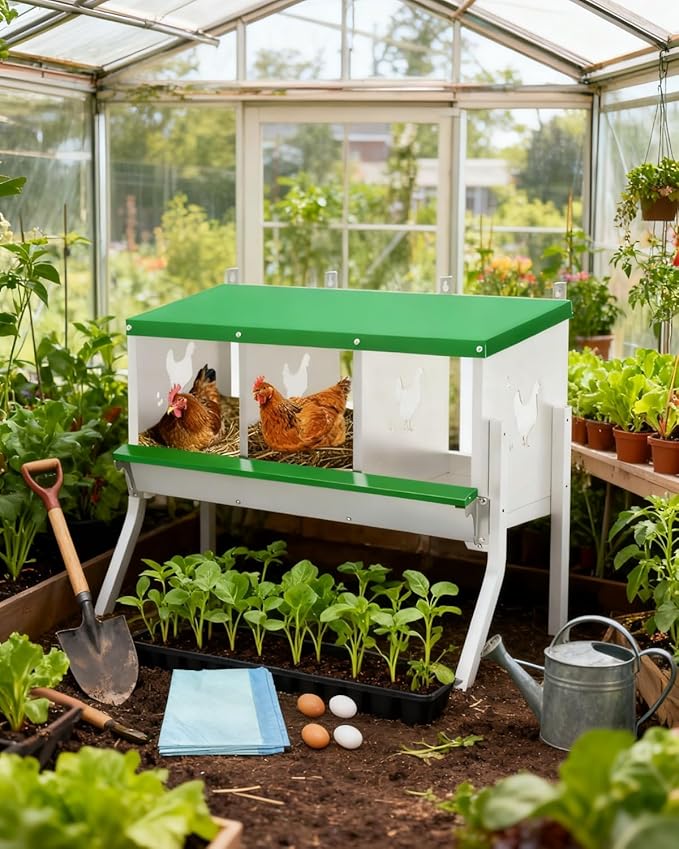 Garvee 3 Compartment Chicken Nesting Box with Legs, Wall Mount/Free Standing Poultry Nest for Chickens, Hens, Ducks, Metal Chicken Laying Boxes with Perch, Secure Lid, Vented Holes, Green