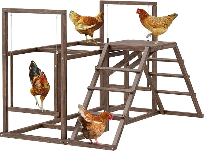 PawHut Chicken Coop Perches with Swing, Roosting Bars, Activity Play Set, Wooden Chicken Coop Accessory Toys for 4-6 Chickens, Coffee