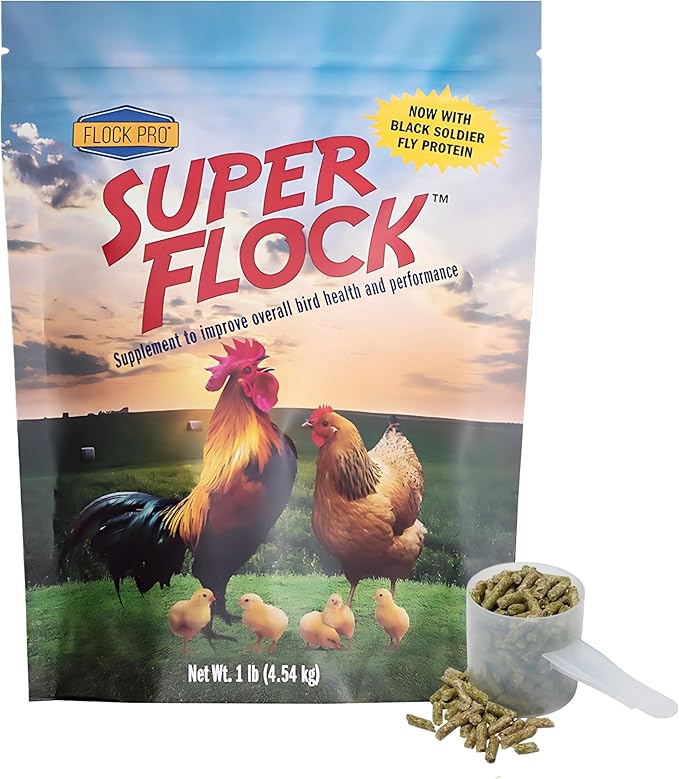 Super Flock Premium Pellet Chicken Supplement Boost Health & Egg Quality with Vitamins, Probiotics, Minerals, Chicken Supplies (1 lb)