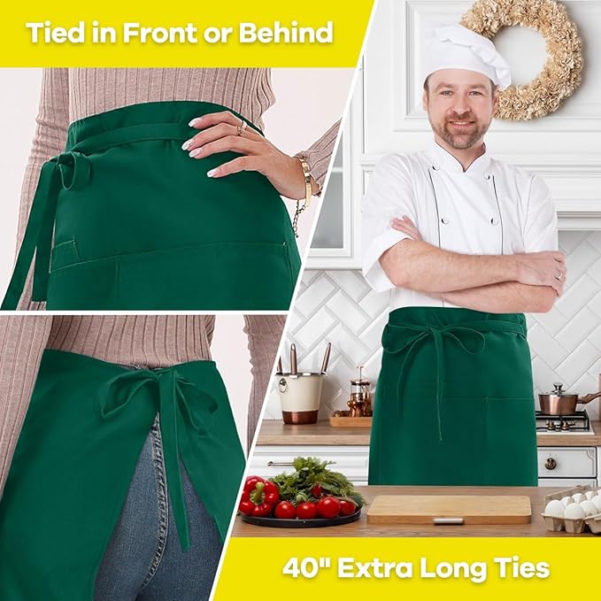ROTANET Server Apron Black with 3 Pockets 18 Inch Long Waiter Waitress Bistro Half Waist Aprons for Women Men Waterproof