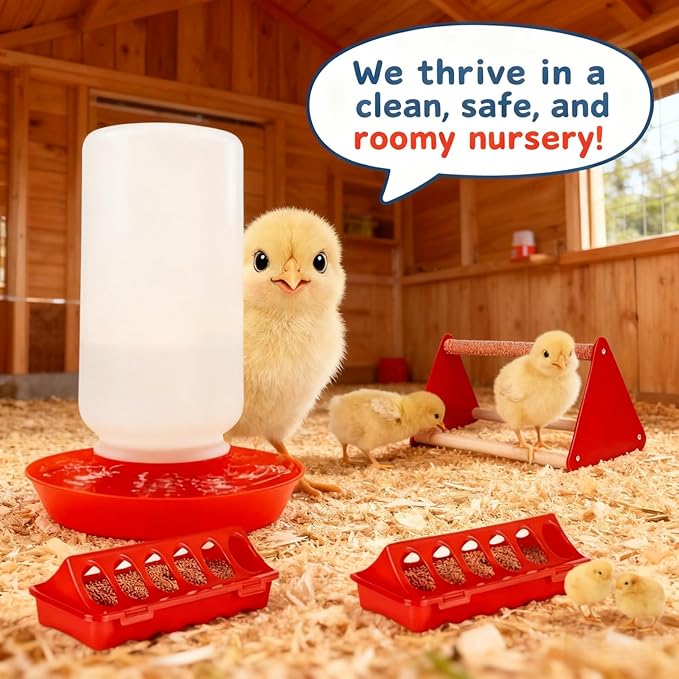 12-Hole No-Scratch & Spill-Proof Chick Feeder, Leak-Resistant Chick Waterer, and Poultry Waterer with Perches - Complete Brooder/Coop Starter Kit for Raising Poultry (A Set)