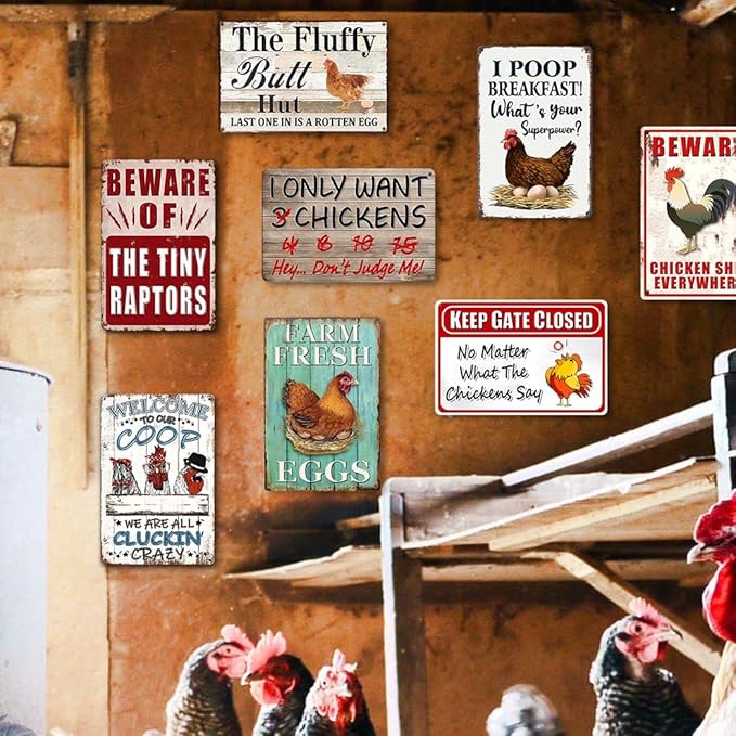 8 Pack Chicken Coop Accessories, Funny Chicken Coop Metal Signs Outdoor Decor Chickens Farm Personalized Tin Sign Chicken Gifts For Lovers House Decor 8×12 Inch