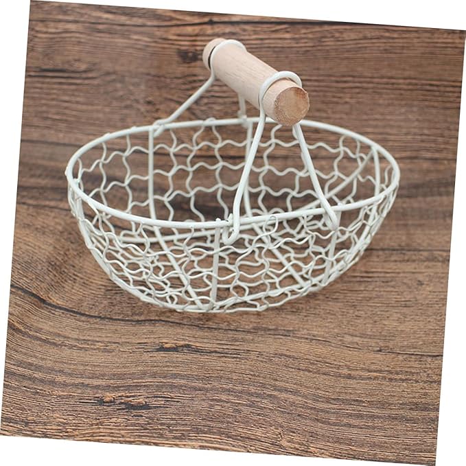 Luxshiny 2pcs White Iron Wire Mesh Basket with Wooden Handle, Farmhouse Style Fruit and Egg Storage Organizer for Kitchen Counter and Tabletop