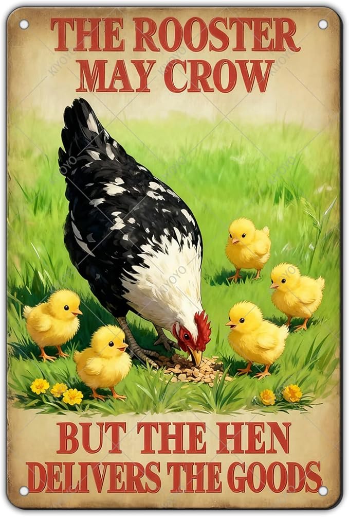 Funny Rooster Decor The Rooster May Crow But The Hen Delivers The Goods Rustic Tin Sign For Home Farm Chicken Coop Decor 12x8 Inch