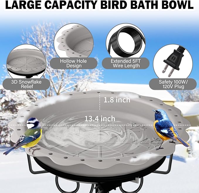 Heated Bird Bath for Outside Winter, Powerful 100W Thermostat Control Heated Bird Baths for Outdoors with 5-Prong Metal Stake, Heated Birdbath Water Heater for Garden Yard Patio Lawn (Grey)
