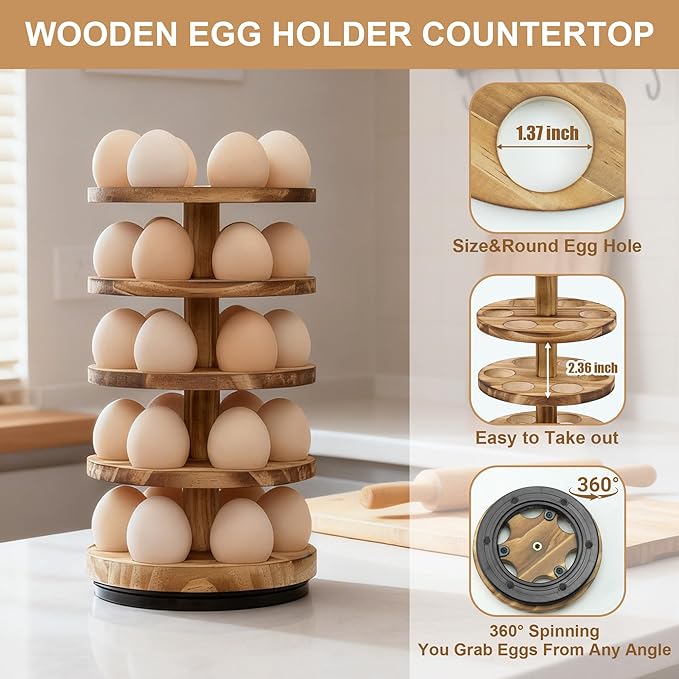 Wooden Fresh Egg Holder Countertop, 5 Layer Rotating Countertop Egg Holder for Fresh Eggs, Stackable with 30 Eggs for Countertop Kitchen, Pine