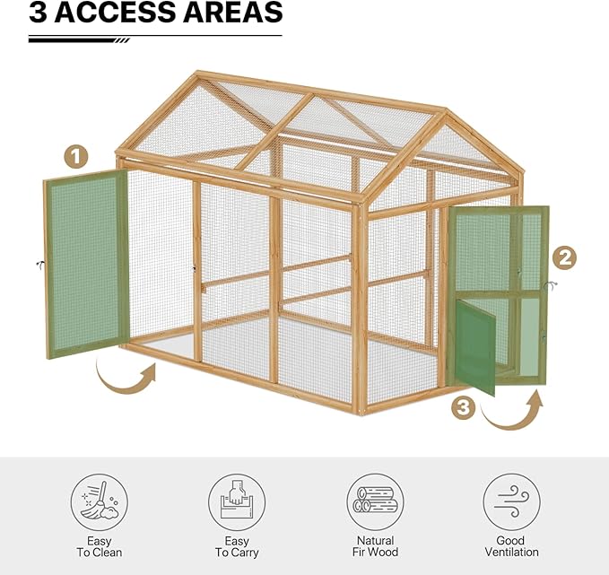 MoNiBloom Outdoor Chicken Coop Large Hen House Poultry Cage with Roosting Rods, Farmhouse Backyard Wood Rabbit Hutch Small Pets Playpens Spire Shaped Coops Triple Access/Feeding Doors 55 x 33.5 x 42.5