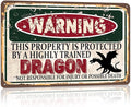 Vintage Dragon Metal Sign， Warning this property is protected bY a highly trained Dragon Sign Funny Tin Signs 12x8 Inch