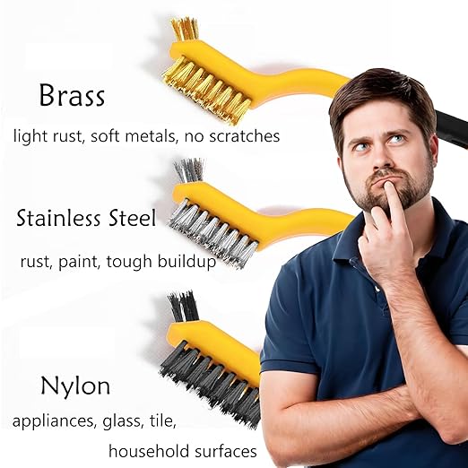 Wire Brush Set 3Pcs, Nylon/Brass/Stainless Steel Bristles with Curved Handle Grip for Cleaning with Curved Handle Grip for Rust Removal, Dirt, Paint Scrubbing Yellow
