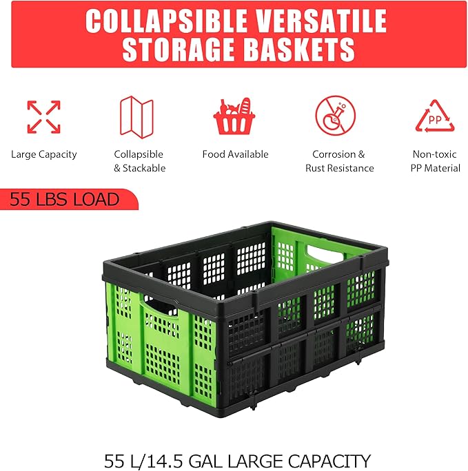 14.5 Gallon Green Collapsible Milk Crate, Heavy-Duty Plastic Storage Container with Handles, 55 LBS Load Capacity Stackable Folding Bin for Home Office Farm Garage Basement.