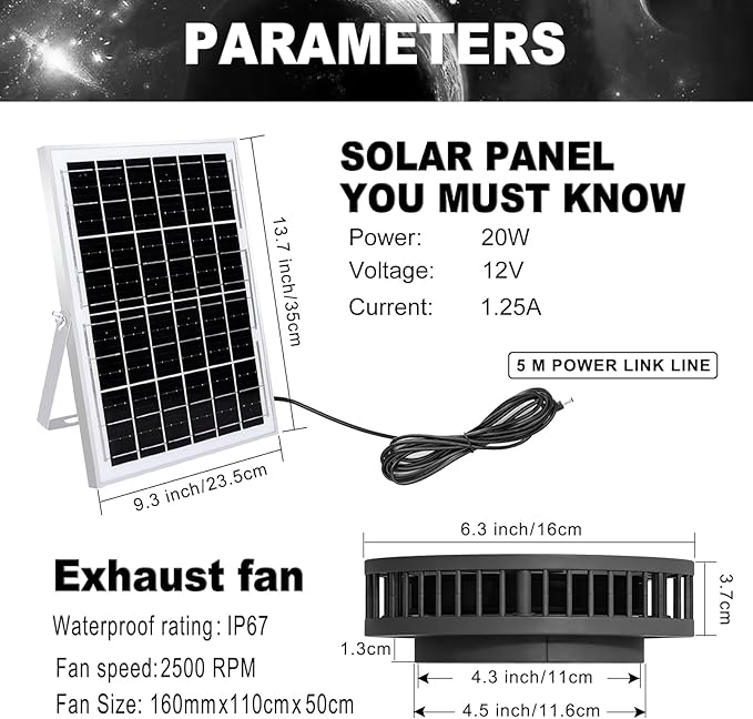 Solar Exhaust Fan with 20W Solar Panel, 12V DC Powered Ventilation Fan, 3.6W, 430 CFM Airflow, 2500 RPM, for Shed, Chicken Coop, Attic, Roof Vent