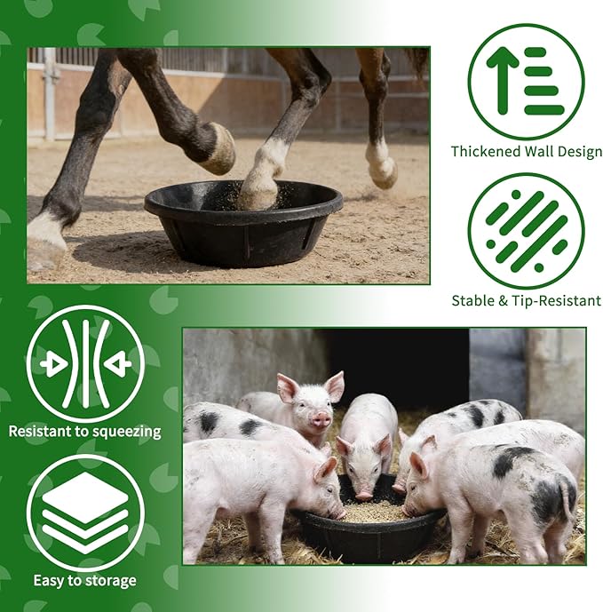 3Pcs Heavy Duty Rubber Feeder Pan, 8Q/2Gal Horses Feed Pan, Large Feed Bucket for Animal Feeding, Livestock Water Bowl Chicken Dust Bath Tub for Horse Goat Pig Dog Farm Livestock Poultry