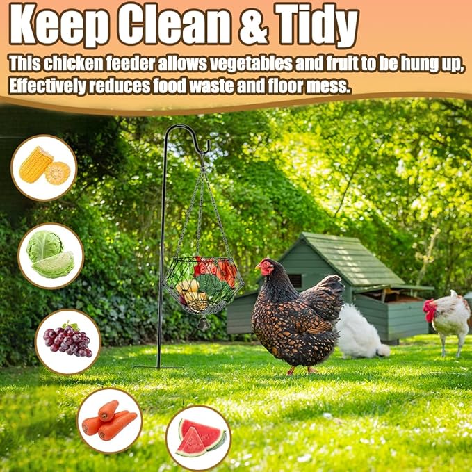 Hanging Chicken Feeder,Chicken Toys for Coop, Foldable Poultry Vegetable Fruits Feeder Basket with Shepherd's Hook, Veggie Treat Ball Boredom Toys for Chicken Coop