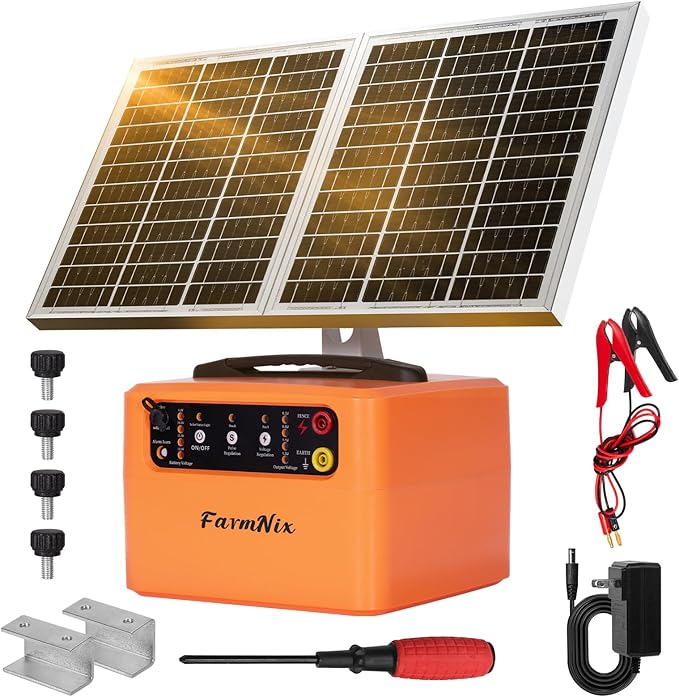 30 Miles Solar Electric Fence Charger for Livestock,6-12KV Adjustable Output Solar Charger,1.5J Fence Charger,15W Solar Powered Electric Fence Kit for Garden,24H Uninterrupted Protection