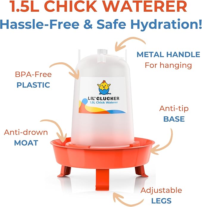 Lil'Clucker 1L Chick Feeder, 1.5L Chicken Waterer - No Leakage Chick Feeder and Waterer Kit, Hanging Baby Chick Waterer, Durable Chicken Water Feeder, Chicken Feeder and Waterer Set, Poultry Waterer