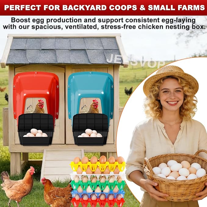Chicken Nesting Box with Plastic Egg Trays, 8 Pack Nesting Boxes for Chickens with Egg Collection, Breathable Chicken Laying Boxes & Stackable Egg Tray for Chicken Coops and Farms - Red 8 Pack