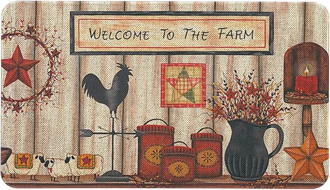 Roszwtit Farmhouse Kitchen Rugs and Mats, Welcome to The Farm Rooster Door Mat, Seasonal Washable Non-Slip Floor Mats for Home Kitchen Decor 30x17 Inch