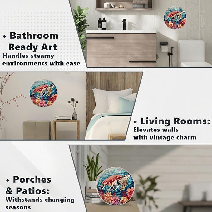 Vintage Sea turtles Round Metal Sign Retro Beach Tin Sign Nostalgic Wall Decor Decorations for Home Bedroom Living Room Cafe Bar Toilet Bathroom 8 * 8 In