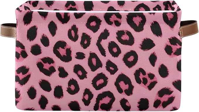 JIPONI Pink Leopard Print Fabric Storage Bins for Shelves, Decorative Storage baskets for organizing, Closet Organizer with Handle for Cloth, Toys, Bedrooms, Farmhouse