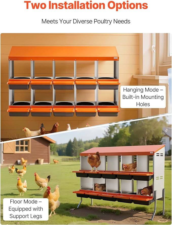 VEVOR Chicken Nesting Boxes, 10 Compartments, with Support Legs, Easy Egg Collection, Galvanized Steel and High-Strength Plastic, Roll Away Nesting Boxes for Chickens and Hens Laying Eggs, Orange