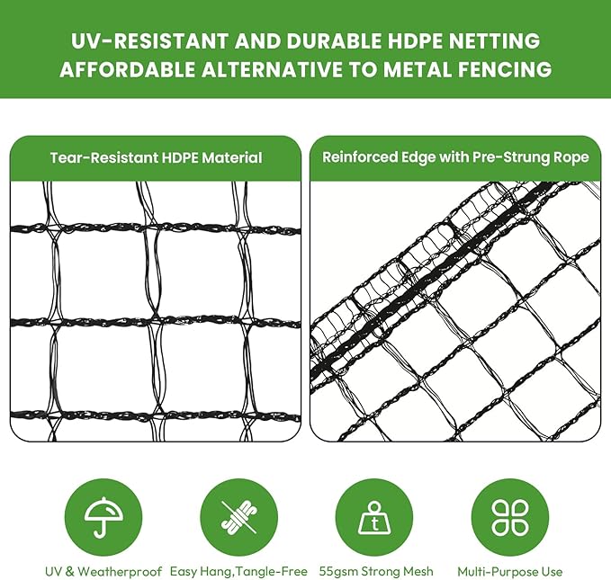 Deer Fence for Garden 7ft x 50ft, Plastic Mesh Deer Fence Netting with Pre-Strung Reinforced Edge, Reusable Temporary Fence, Ideal for Animal Barrier & Garden Fencing for Plants & Fruit Trees