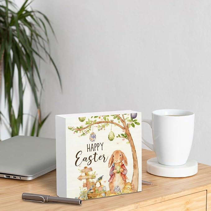 Rustic Easter Bunny Wooden Box Sign Desk Decor, Happy Easter Rabbit with Egg Spring Botanical Wood Signs for Bedroom Home Office Desk Table Shelf Decorations, 5x5 Inch