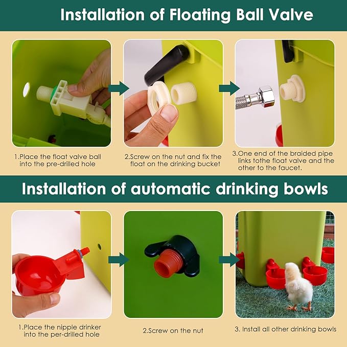 Automatic Chicken Waterer with Float Valve, 3.2 Gallon Hanging Poultry Waterer with 6 Water Cups, Large Duck Quail Turkey Goose Chicken Coop Water Dispenser