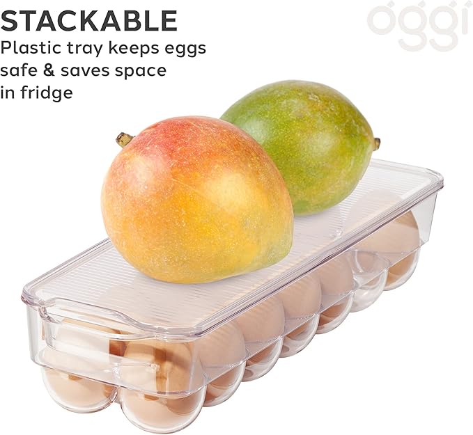 OGGI Stackable Covered Egg Holder - Kitchen Organization, Fridge Organizer, Food Storage, Clear Stackable Storage Bins, 14 Egg Tray