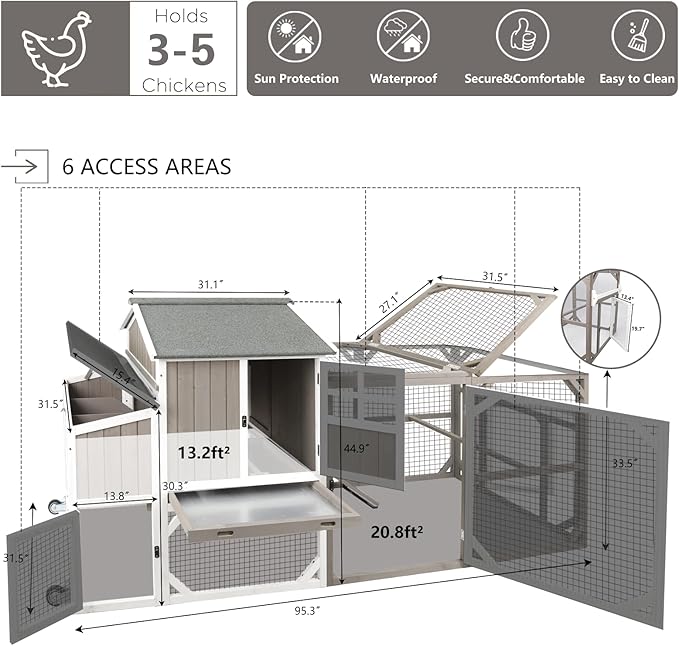 Chicken Coop Mobile Wooden Hen House with Nesting Box,191" L Outdoor Chicken House with Wheels and Removable Tray,Fir Wood Chicken Tractor with 6 Ventilation Door and Ramp-Grey(2 Sets)