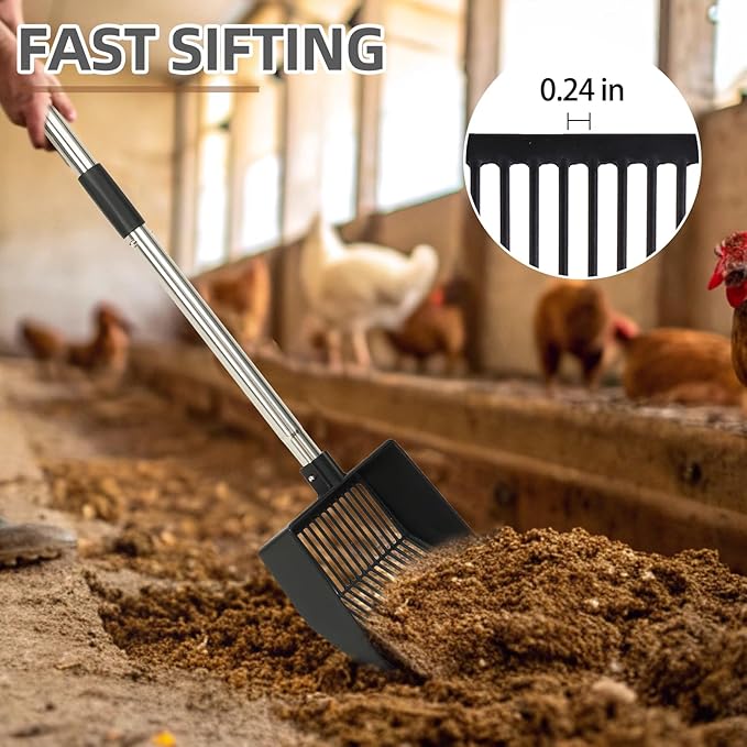 PUPTECK Metal Chicken Coop Scooper, 4-in-1 Adjustable Removable Handle, Stainless Steel, Chicken Cleaning Tool, 22-52.3 Inch