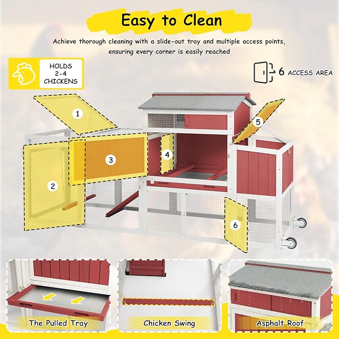 Wooden Chicken Coop with Wheels – Large Movable Outdoor Hen House with Waterproof Clear Sunlight Panel Roof, Nesting Box & Easy-Clean Tray – Spacious Backyard Poultry Tractor Red