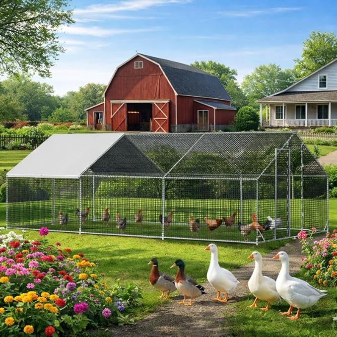 LEVELEVE Large Walk-in Chicken Coop with Chicken Run, Galvanized Poultry Enclosure with Waterproof Anti-UV Cover and Security Lock, Ideal for Rabbit, Duck, Backyard and Farm Yard, 19.7'x 9.8'x 6.6'