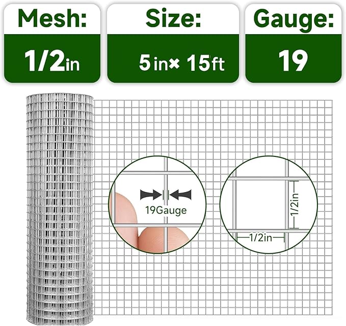 Hardware Cloth 1/2inch 5inx15ft 19 Gauge,Double-Layer Hot-Dip Galvanizing After Welding,Chicken Wire Netting Garden Wire Fencing Rabbit Snake Fence Chicken Coop Plant Supports