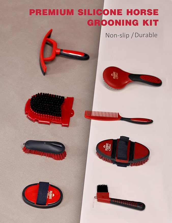 11-Piece Professional Horse Grooming Kit with Waterproof Tote Bag, Non-Slip Silicone Grip Brush Set, Curry Comb, Hoof Pick & Mane Comb Shadowberry