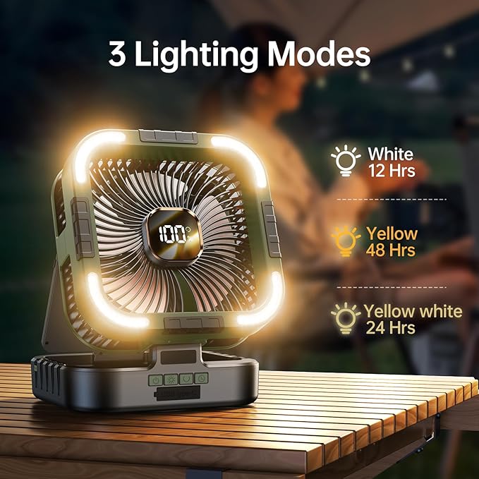 Solar Camping Fan with Light-10000mAh Rechargeable Portable, 6 Speeds, Digital Display, Timer, 120° Oscillation, Cordless Battery Powered Fan for Home Outdoor Tent Travel BBQ Fishing (Green)