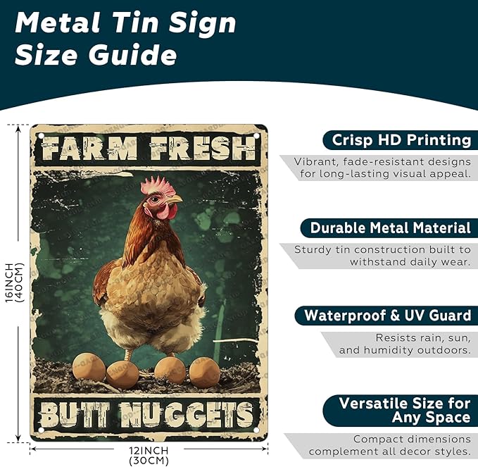 Rustic Vintage Chicken Farm Metal Sign Chicken Coop Farm Fresh Butt Nuggets Metal Poster Home Garden Farmhouse Restaurant Garage Cafe Aluminium Sign Art Wall Decor 16x12 Inch