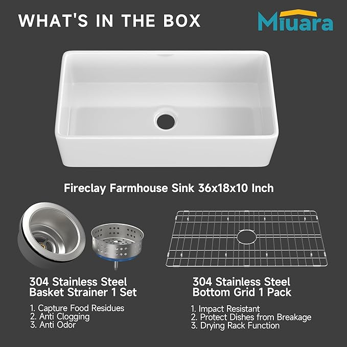Miuara Farmhouse Sink 36 Inch - Extra Large Apron Front Kitchen Sink Reversible 36"x18"x10", Undermount Installation, Farm House ﻿Style Single Bowl, Solid Fireclay, Glossy White, for Kitchen