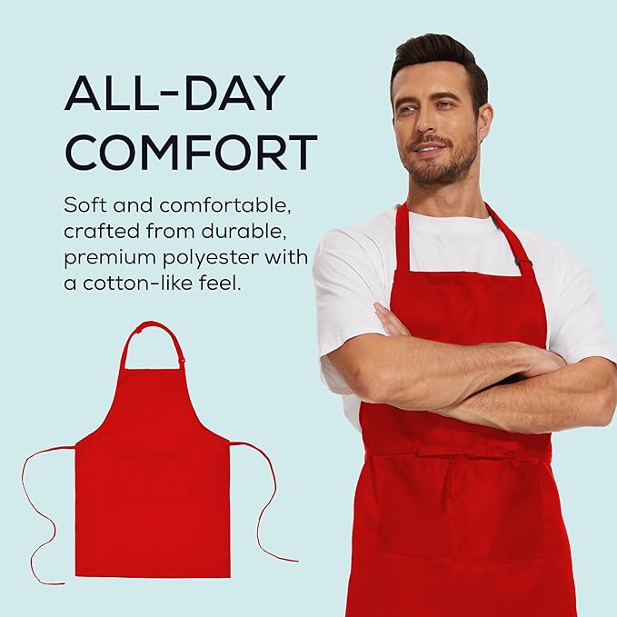 Will Well Kitchen Apron for Men and Women - 33" x 27" Oil-and-Water-Resistant with Adjustable Neck Strap and 38" Waist Ties for a Snug Fit, Lightweight with 2 Front Pockets - 6-Pack, Red