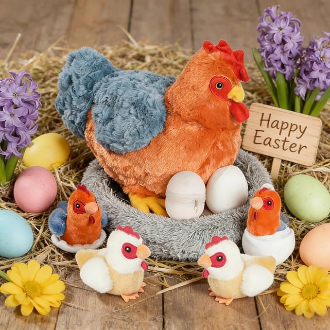 9 in 1 Chicken Stuffed Animal Set Stuffed Chicken Plush Toys for Kids, Egg Laying Hen with Zippered Belly, Eggs, Baby Chicks Plush Chickens and Coop for Kids Girls Boys Birthday Easter Stuffers Gifts