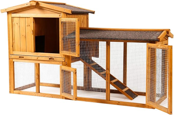 Ogrmar Chicken Coop Large Wooden Outdoor Bunny Rabbit Hutch Hen Cage with Ventilation Door, Removable Tray & Ramp Garden Backyard Pet House Chicken Nesting Box