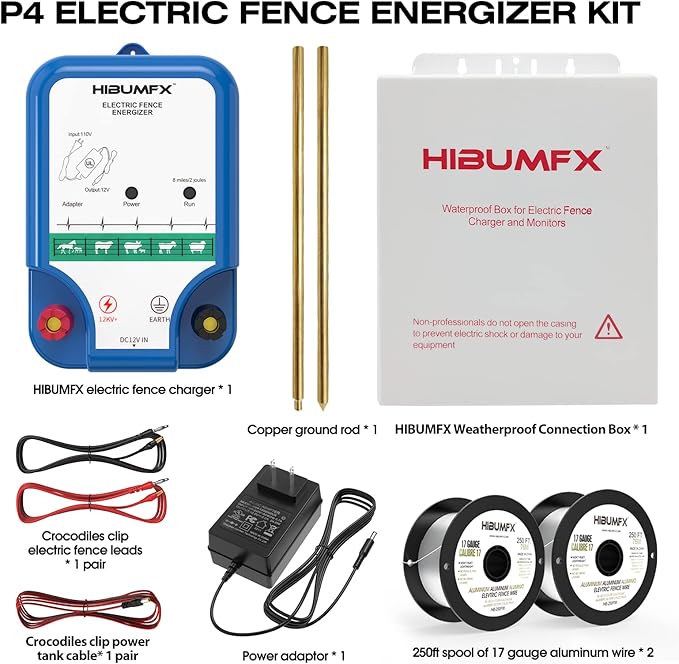 P4 Plus Electric Fence Energizer Plus Copper Ground Rod and Spool Aluminum Wire for Containing Dogs, Livestock and Preventing Wild Animals Intruding (P4 Plus Electric Fence Energizer Kit)